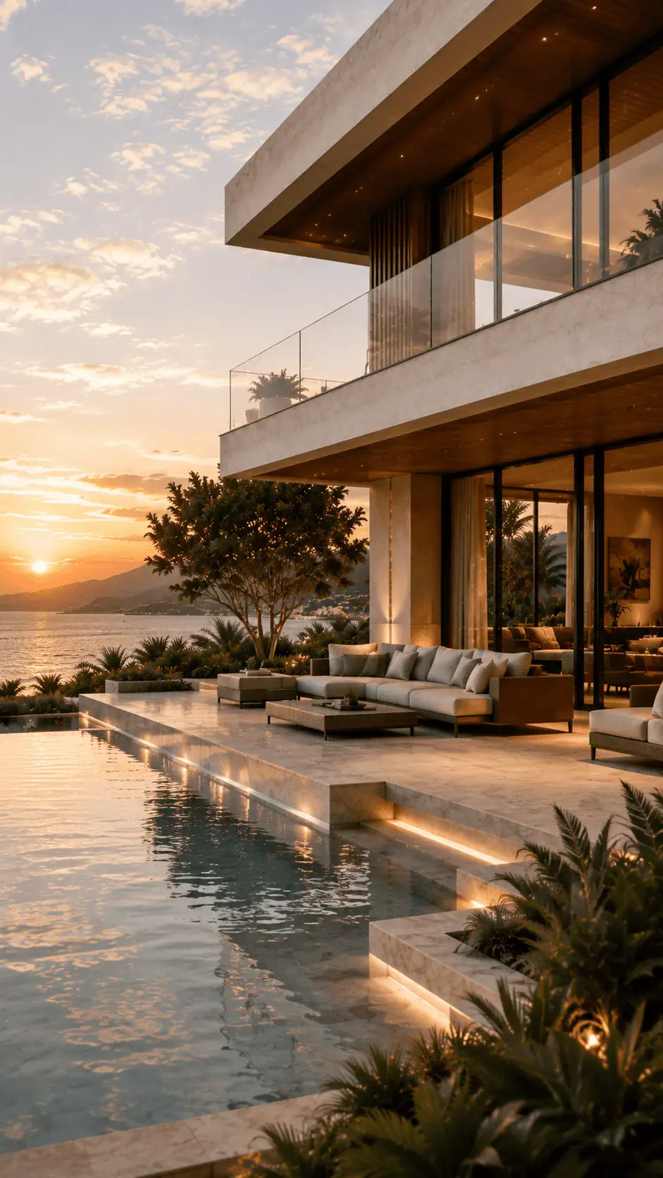 Architectural outdoor living space overlooking the water at sunset